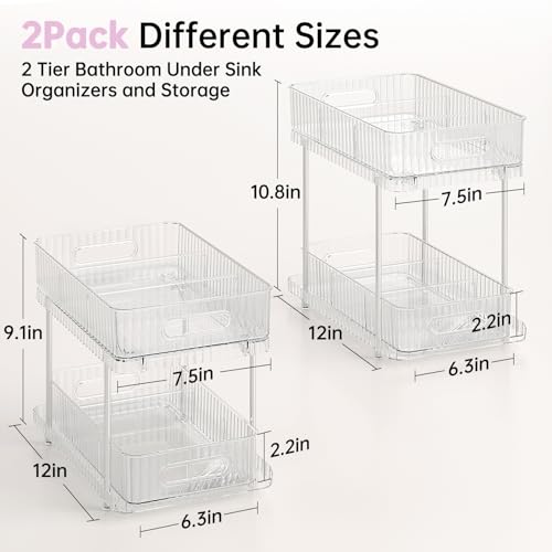 Delamu 2 Sets of 2-Tier Clear Bathroom Under Sink Organizers and Storage, Snap-Lock Pull Out Bathroom Medicine Cabinet Organizer,Multi-Purpose Kitchen Pantry Organizer and Storage with Movable Divider