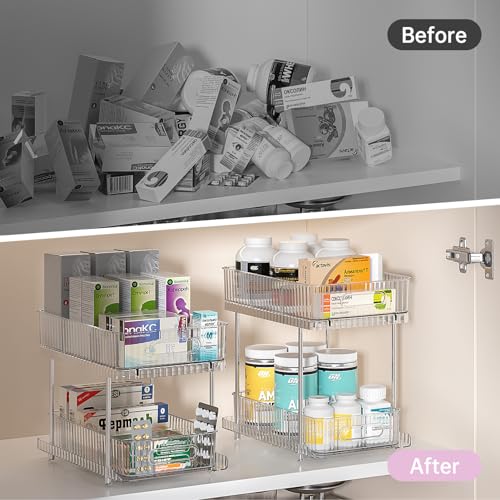 Delamu 2 Sets of 2-Tier Clear Bathroom Under Sink Organizers and Storage, Snap-Lock Pull Out Bathroom Medicine Cabinet Organizer,Multi-Purpose Kitchen Pantry Organizer and Storage with Movable Divider