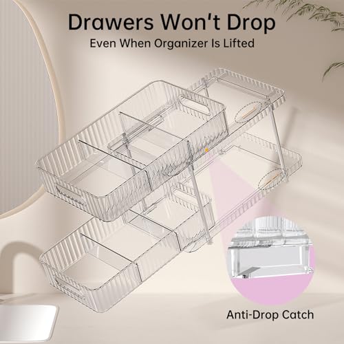 Delamu 2 Sets of 2-Tier Clear Bathroom Under Sink Organizers and Storage, Snap-Lock Pull Out Bathroom Medicine Cabinet Organizer,Multi-Purpose Kitchen Pantry Organizer and Storage with Movable Divider