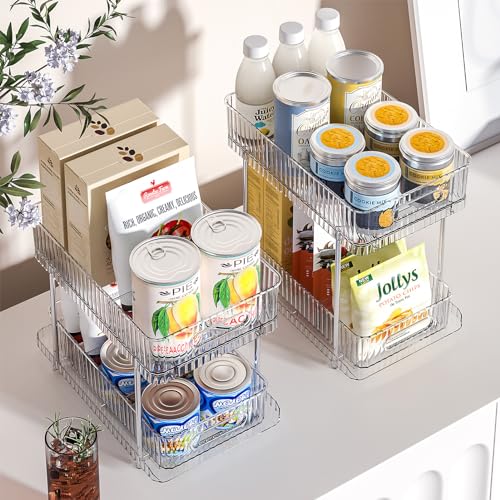 Delamu 2 Sets of 2-Tier Clear Bathroom Under Sink Organizers and Storage, Snap-Lock Pull Out Bathroom Medicine Cabinet Organizer,Multi-Purpose Kitchen Pantry Organizer and Storage with Movable Divider