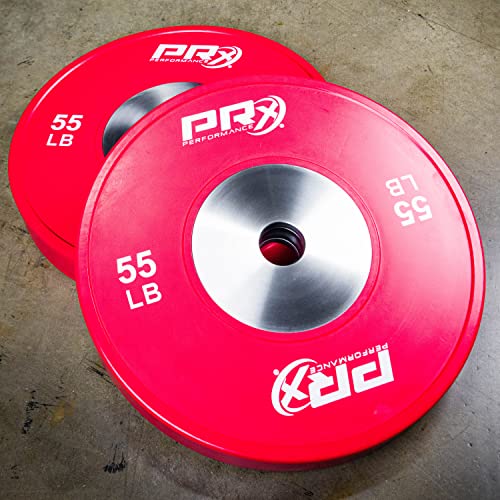 PRx Performance Color Elite Bumper Plate Pairs, Steel Center Insert with 2" Sleeve Hole, Minimal Bounce (55lb Pair)