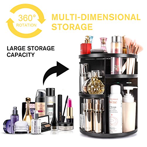 sanipoe 360 Rotating Makeup Organizer, DIY Adjustable Makeup Carousel Spinning Holder Storage Rack, Large Capacity Make up Caddy Shelf Cosmetics Organizer Box, Great for Countertop, Black