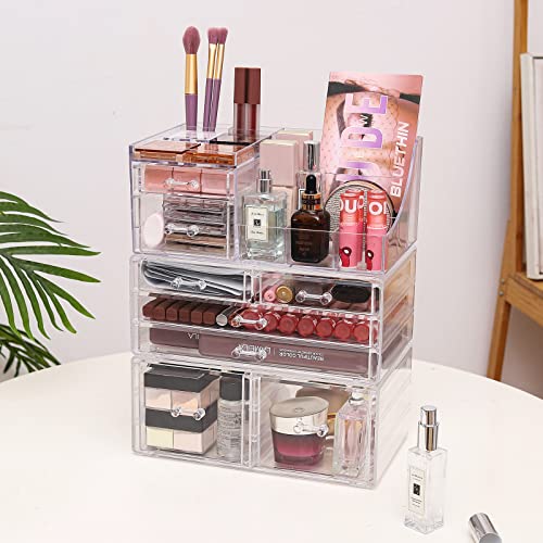 Cq acrylic Makeup Organizer Bathroom Organizers and Storage with 8 Drawers for Vanity Skincare Countertop Desk,Clear Cosmetic Display Case for Lipstick,Brush,Lotions,Eyeshadow,Nail Polish and Jewelry