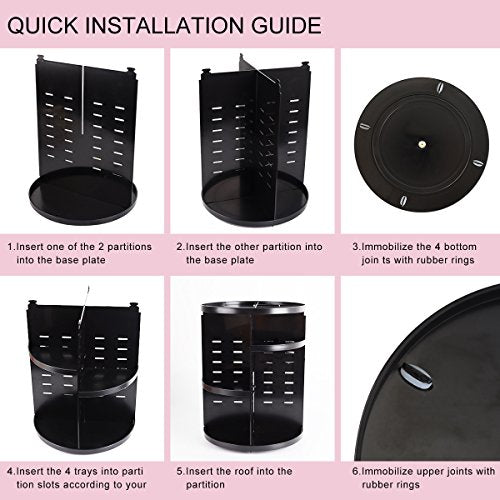 sanipoe 360 Rotating Makeup Organizer, DIY Adjustable Makeup Carousel Spinning Holder Storage Rack, Large Capacity Make up Caddy Shelf Cosmetics Organizer Box, Great for Countertop, Black