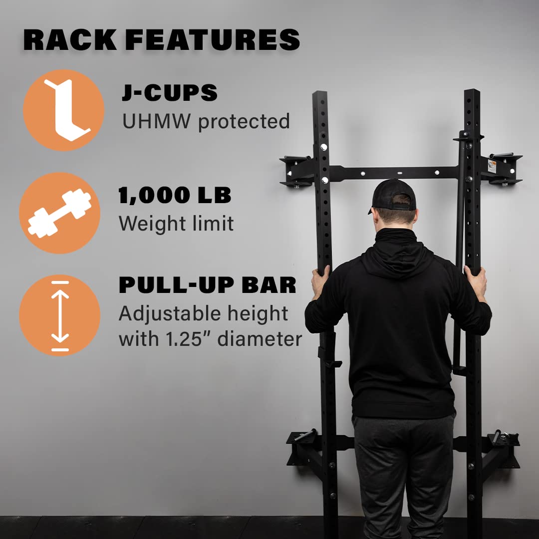 PRx Performance Wall Mounted Folding Power Squat Rack - Heavy Duty Adjustable Pull Up Bar, Space Saving Home Gym Equipment with Durable J-Cups, Ideal for Weight Lifting and Strength Training - Black