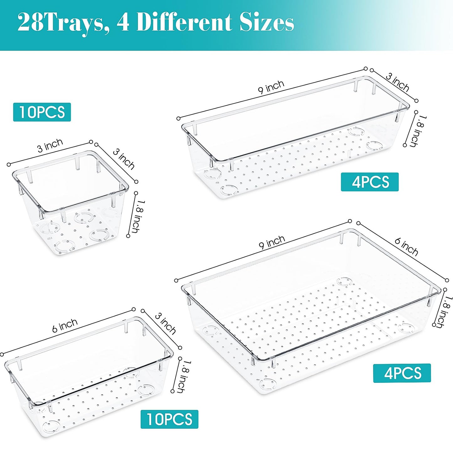 StorMiracle 28 PCS Clear Plastic Drawer Organizers Set, 4 Size Desk Drawer Organizer Trays for Makeup, Jewelry, Kitchen Utensils, Gadgets and Office Accessories