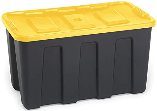 Homz 34-Gallon Durabilt Plastic Stackable Home Office Garage Storage Organization Container Bin w/Lid and Handles, Black/Yellow (2 Pack)