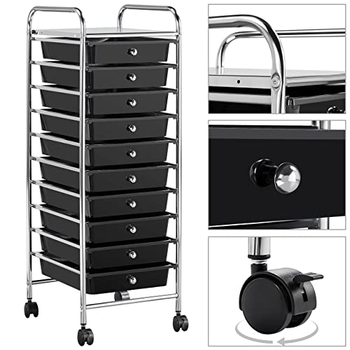 Yaheetech Rolling Cart Organizer Plastic Trolley with 10 Storage Drawers Utility Cart on Wheels Art Craft Organizer Ample Storage Space, Black