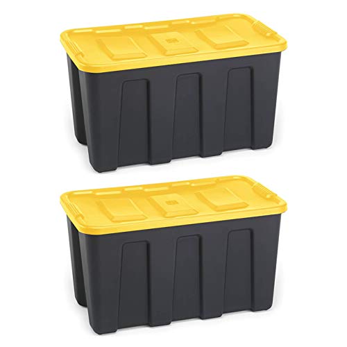 Homz 34-Gallon Durabilt Plastic Stackable Home Office Garage Storage Organization Container Bin w/Lid and Handles, Black/Yellow (2 Pack)