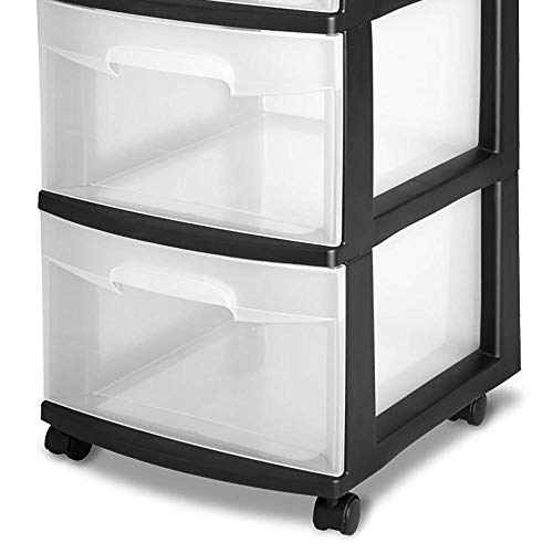 Sterilite 3 Drawer Storage Cart, Plastic Rolling Cart with Wheels to Organize Clothes in Bedroom, Closet, Black with Clear Drawers, 2-Pack