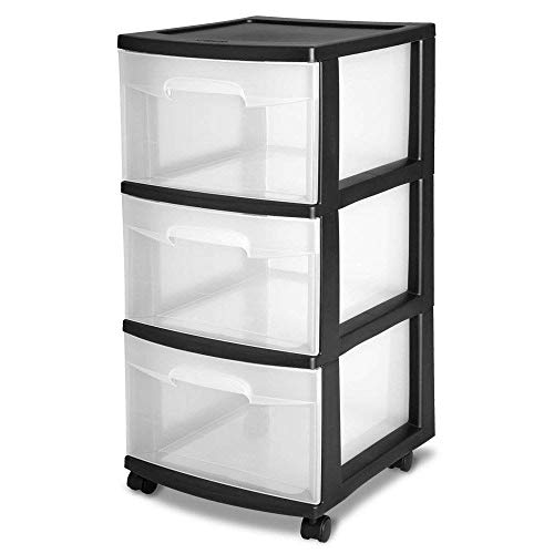 Sterilite 3 Drawer Storage Cart, Plastic Rolling Cart with Wheels to Organize Clothes in Bedroom, Closet, Black with Clear Drawers, 2-Pack