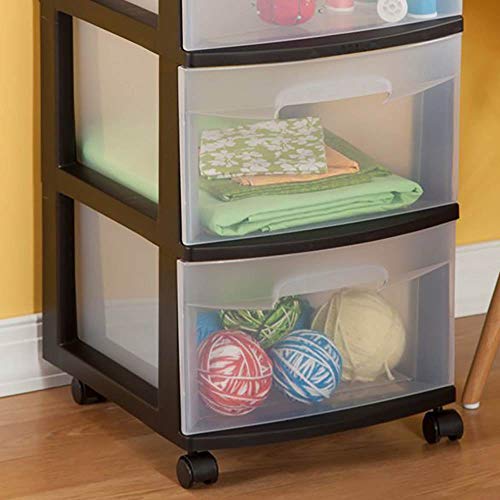 Sterilite 3 Drawer Storage Cart, Plastic Rolling Cart with Wheels to Organize Clothes in Bedroom, Closet, Black with Clear Drawers, 2-Pack