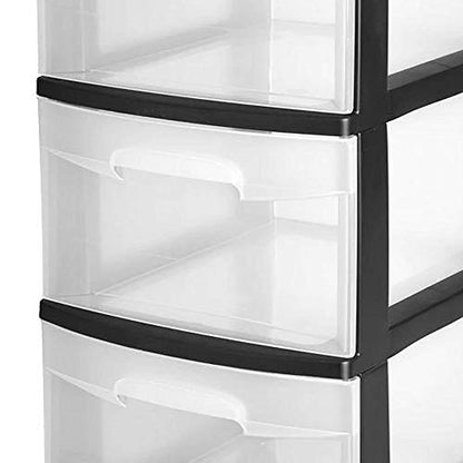 Sterilite 3 Drawer Storage Cart, Plastic Rolling Cart with Wheels to Organize Clothes in Bedroom, Closet, Black with Clear Drawers, 2-Pack