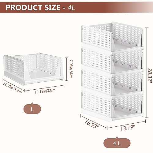 CTSNSLH 4 Pack Folding Closet Organizers Storage Box, Stackable Plastic Drawer Basket for Clothing(White)