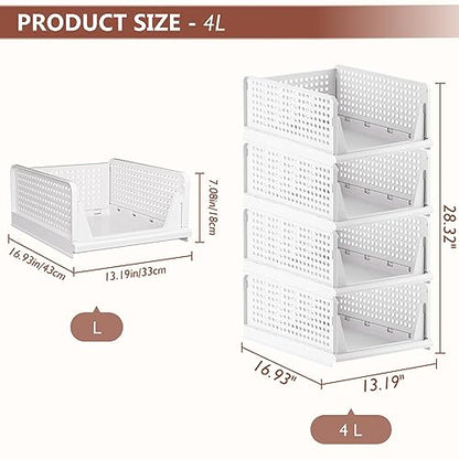 CTSNSLH 4 Pack Folding Closet Organizers Storage Box, Stackable Plastic Drawer Basket for Clothing(White)