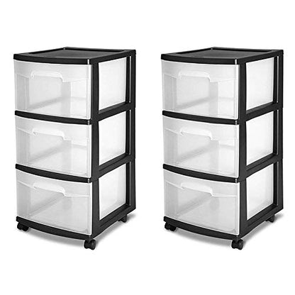 Sterilite 3 Drawer Storage Cart, Plastic Rolling Cart with Wheels to Organize Clothes in Bedroom, Closet, Black with Clear Drawers, 2-Pack