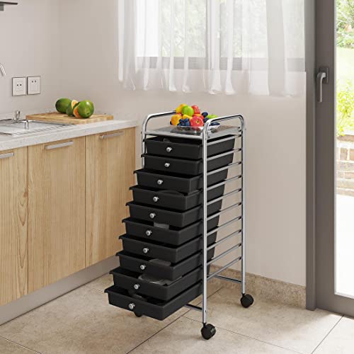 Yaheetech Rolling Cart Organizer Plastic Trolley with 10 Storage Drawers Utility Cart on Wheels Art Craft Organizer Ample Storage Space, Black