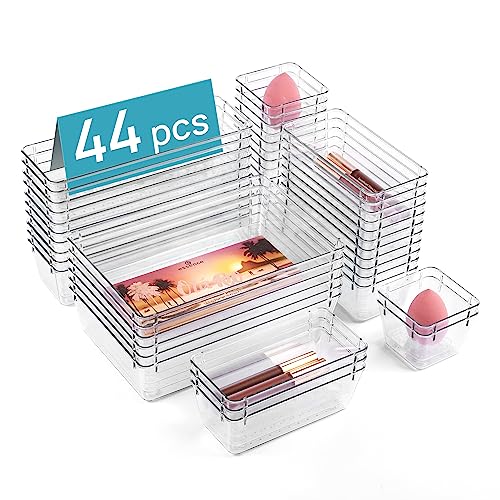 Vtopmart 44 PCS Clear Plastic Drawer Organizers Set, 4-Size Versatile Bathroom and Vanity Organizer Trays, Non-Slip Storage Containers for Makeup, Jewelries, Bedroom，Kitchen Utensils and Office