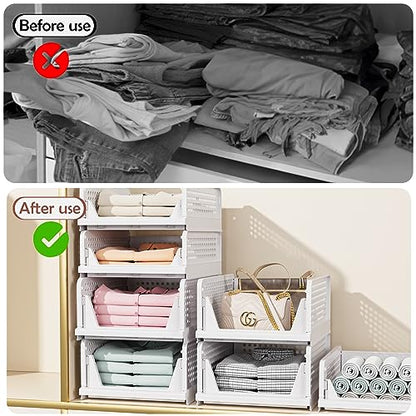 CTSNSLH 4 Pack Folding Closet Organizers Storage Box, Stackable Plastic Drawer Basket for Clothing(White)