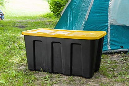 Homz 34-Gallon Durabilt Plastic Stackable Home Office Garage Storage Organization Container Bin w/Lid and Handles, Black/Yellow (2 Pack)