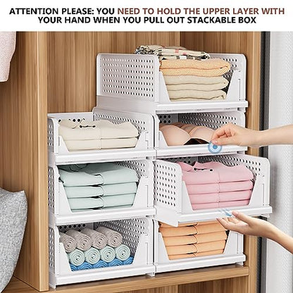 CTSNSLH 4 Pack Folding Closet Organizers Storage Box, Stackable Plastic Drawer Basket for Clothing(White)