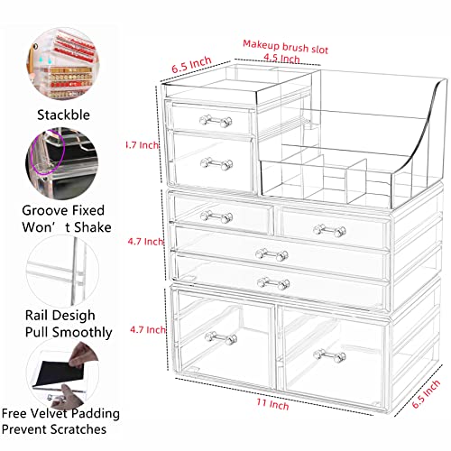 Cq acrylic Makeup Organizer Bathroom Organizers and Storage with 8 Drawers for Vanity Skincare Countertop Desk,Clear Cosmetic Display Case for Lipstick,Brush,Lotions,Eyeshadow,Nail Polish and Jewelry