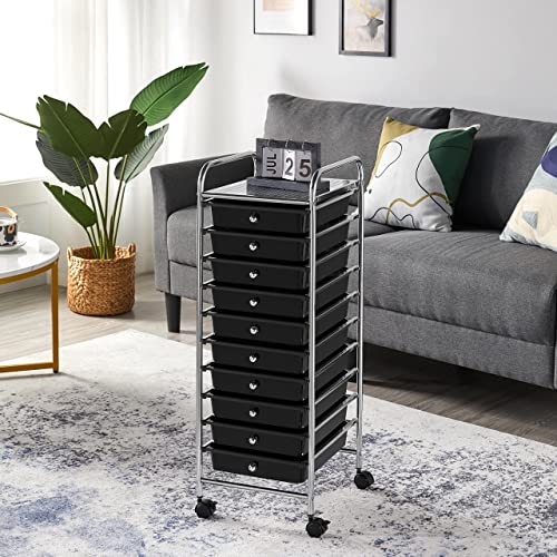 Yaheetech Rolling Cart Organizer Plastic Trolley with 10 Storage Drawers Utility Cart on Wheels Art Craft Organizer Ample Storage Space, Black