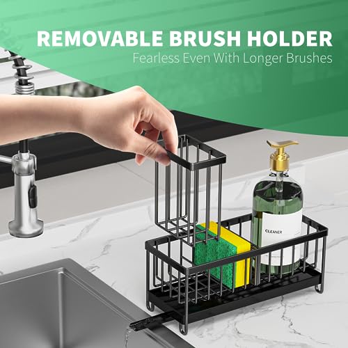 Cisily Sponge Holder for Kitchen Sink, Sink Caddy with High Brush Holder, Organzier Rustproof 304 Stainless Steel Dish Organizer Divider, Soap Dispenser Storage