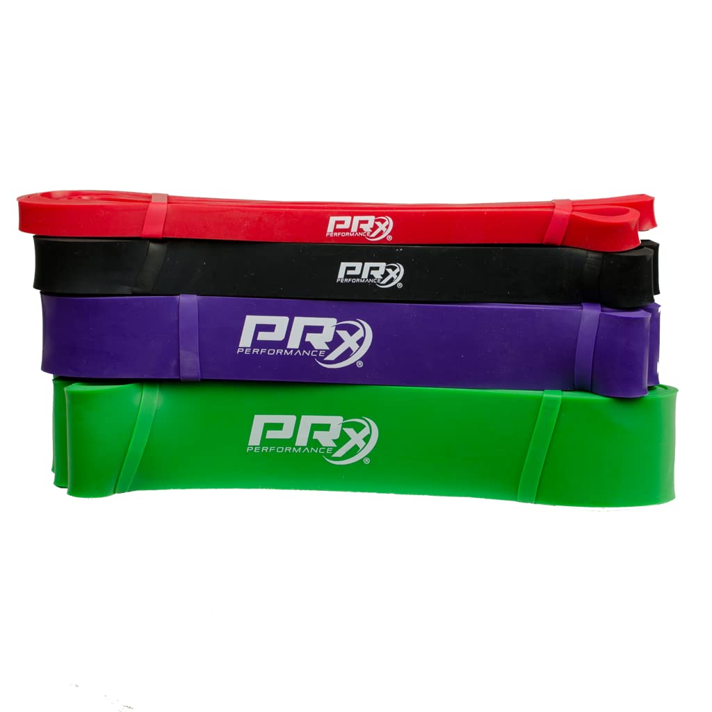 PRx Performance - Resistance & Stretch Band - Perfect for Pull-ups, Chin Ups, Muscle Ups, Power Lifting, Physical Therapy, Mobility Bands, Exercise Bands (Red, Black, Purple, Green Band Bundle)