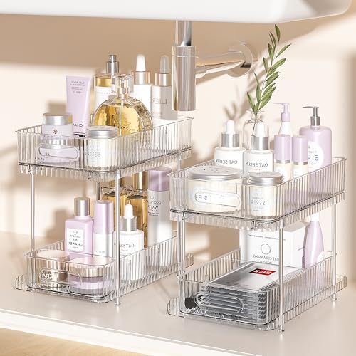 Delamu 2 Sets of 2-Tier Clear Bathroom Under Sink Organizers and Storage, Snap-Lock Pull Out Bathroom Medicine Cabinet Organizer,Multi-Purpose Kitchen Pantry Organizer and Storage with Movable Divider