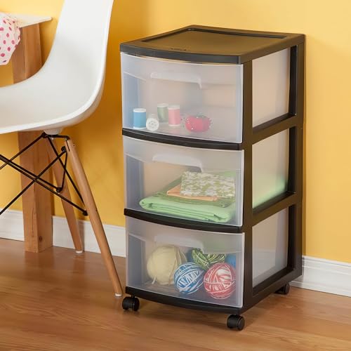 Sterilite 3 Drawer Storage Cart, Plastic Rolling Cart with Wheels to Organize Clothes in Bedroom, Closet, Black with Clear Drawers, 2-Pack