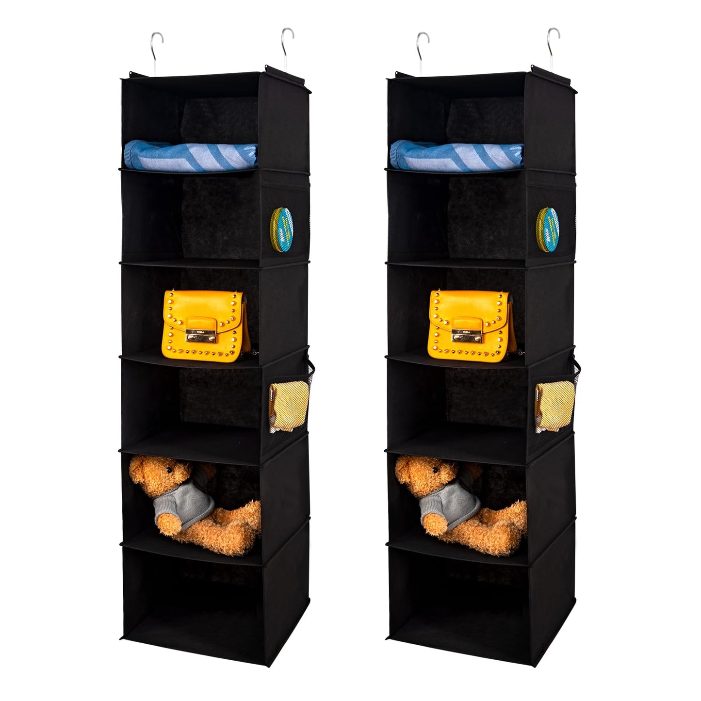 BrilliantJo 6 Shelves Hanging Closet Organizer, 2 Pack Hanging Storage with 4 Side Pockets for Clothes Shoes, 43.5"x12"x12"(Black)