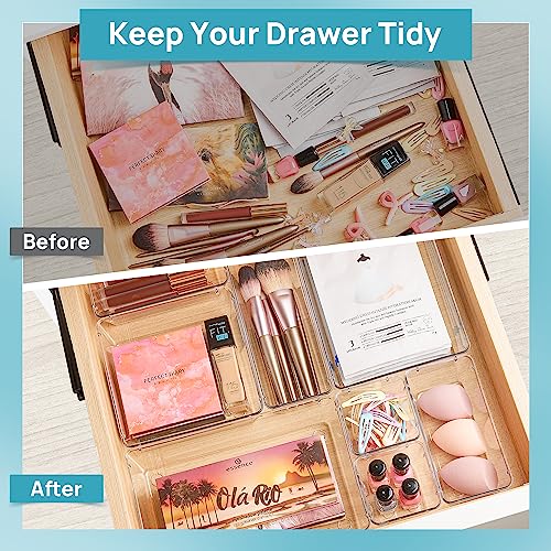 Vtopmart 44 PCS Clear Plastic Drawer Organizers Set, 4-Size Versatile Bathroom and Vanity Organizer Trays, Non-Slip Storage Containers for Makeup, Jewelries, Bedroom，Kitchen Utensils and Office