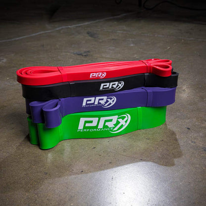 PRx Performance - Resistance & Stretch Band - Perfect for Pull-ups, Chin Ups, Muscle Ups, Power Lifting, Physical Therapy, Mobility Bands, Exercise Bands (Red, Black, Purple, Green Band Bundle)