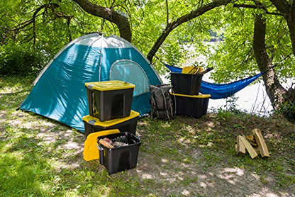 Homz 34-Gallon Durabilt Plastic Stackable Home Office Garage Storage Organization Container Bin w/Lid and Handles, Black/Yellow (2 Pack)