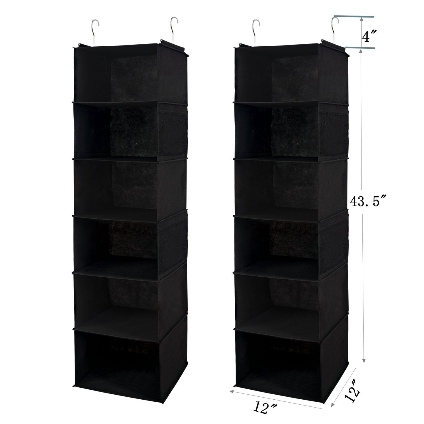 BrilliantJo 6 Shelves Hanging Closet Organizer, 2 Pack Hanging Storage with 4 Side Pockets for Clothes Shoes, 43.5"x12"x12"(Black)