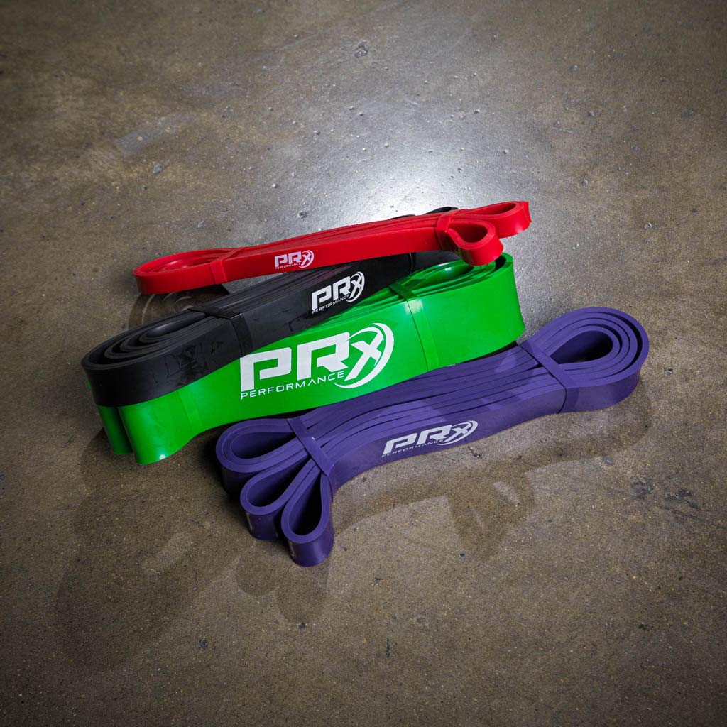 PRx Performance - Resistance & Stretch Band - Perfect for Pull-ups, Chin Ups, Muscle Ups, Power Lifting, Physical Therapy, Mobility Bands, Exercise Bands (Red, Black, Purple, Green Band Bundle)