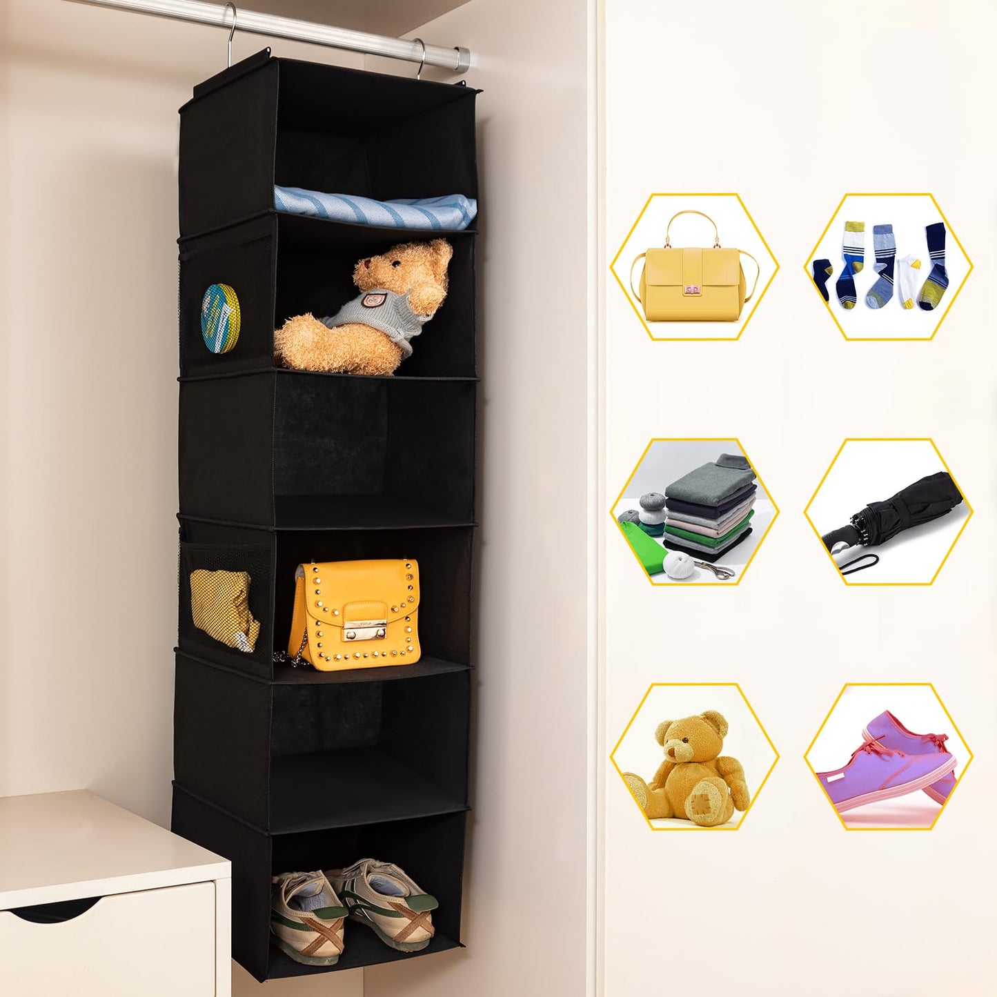 BrilliantJo 6 Shelves Hanging Closet Organizer, 2 Pack Hanging Storage with 4 Side Pockets for Clothes Shoes, 43.5"x12"x12"(Black)