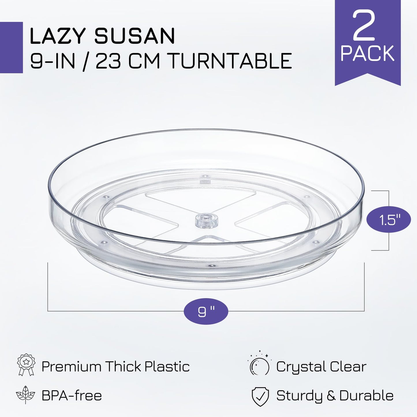 2 Pack, 9 Inch Clear Non-Skid Lazy Susan Organizers - Turntable Rack for Kitchen Cabinet, Pantry Organization and Storage, Fridge, Bathroom Closet, Vanity Countertop Makeup Organizing, Spice Rack