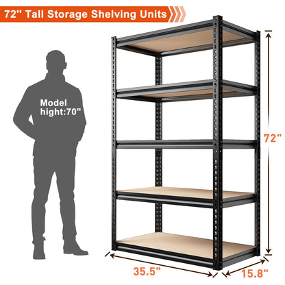 REIBII 72" H Garage Shelving Heavy Duty Storage Shelves 2000LBS Adjustable 5 Tier Metal Storage Shelving for Garage Storage Shelving Unit for Warehouse Pantry Basement, 72"H x 35.5"W x 15.8"D Black