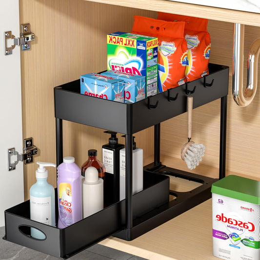 PUILUO Under Sliding Cabinet Basket Organizer, 2 Tier Under Sink Organizers Black Under Sink Storage for Bathroom Kitchen