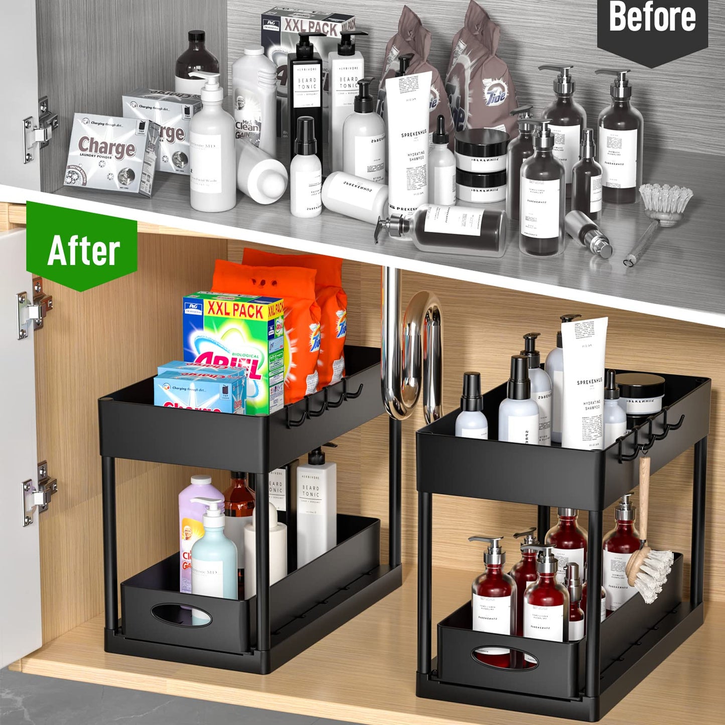 PUILUO Under Sliding Cabinet Basket Organizer, 2 Tier Under Sink Organizers Black Under Sink Storage for Bathroom Kitchen