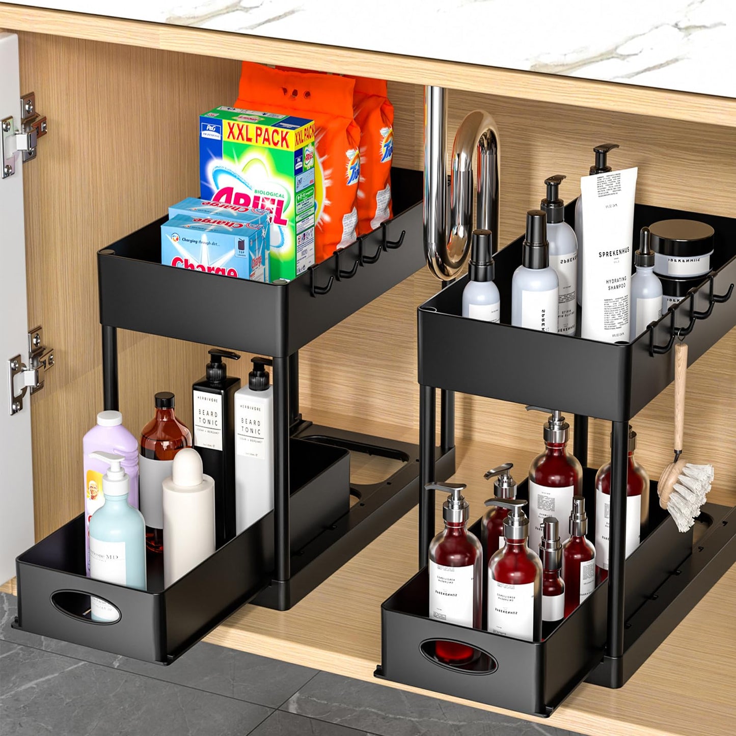 PUILUO Under Sliding Cabinet Basket Organizer, 2 Tier Under Sink Organizers Black Under Sink Storage for Bathroom Kitchen