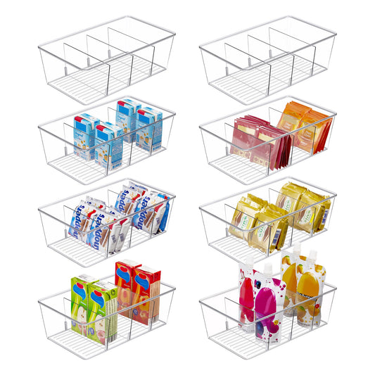 Vtopmart 8 Pack Food Storage Organizer Bins, Clear Plastic Bins for Pantry, Kitchen, Fridge, Cabinet Organization and Storage, 4 Compartment Holder for Packets, Snacks, Pouches, Spice Packets