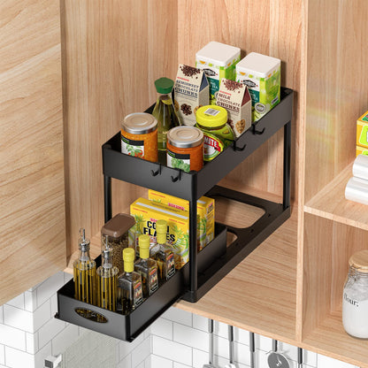 PUILUO Under Sliding Cabinet Basket Organizer, 2 Tier Under Sink Organizers Black Under Sink Storage for Bathroom Kitchen